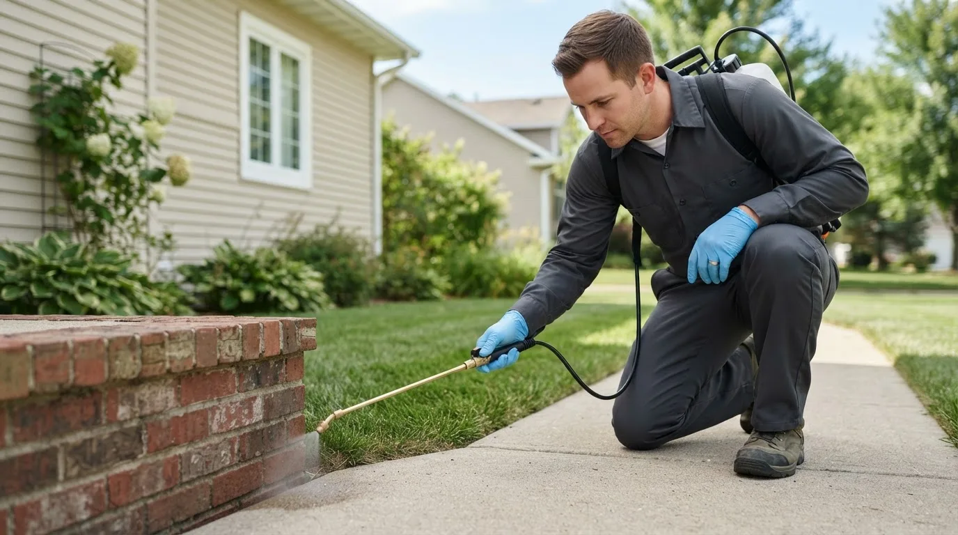 Pest control technician treating a home near Jaffrey, NH